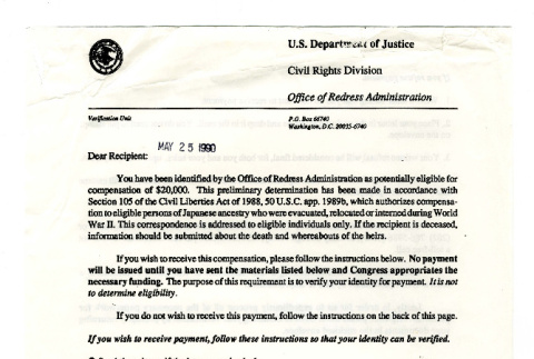 Letter from Robert K. Bratt, Administrator for Redress, Office of Redress Administration, Civil Rights Division, U.S. Department of Justice to recipient, May 25, 1990 (ddr-csujad-42-150)