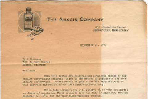 Correspondence regarding the advertising display contract with the Anacin Company (ddr-densho-319-490)