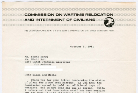 Letter to Sasha Hohri and Michi Kobi from Joan Z. Bernstein (ddr-densho-352-522)