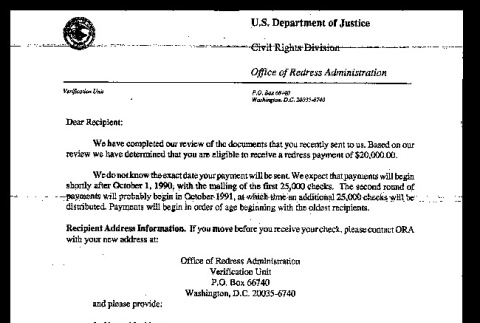 Letter from Robert K. Bratt, Administrator for Redress, U.S. Department of Justice to Dear Recipient, June 29, 1990 (ddr-csujad-55-2045)