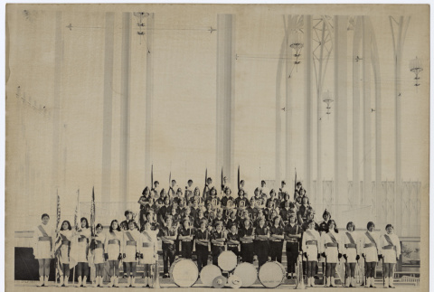 Group photograph of the Drum and Bugle Corps and All-girl Color Guard (ddr-sbbt-6-115)