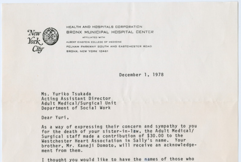 Condolence letter from the staff of Bronx Municipal Hospital Center to Yuriko (Domoto) Tsukada (ddr-densho-329-1264)