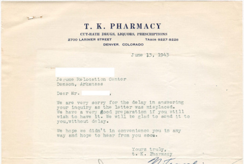 Letter sent to T.K. Pharmacy from  Jerome concentration camp (ddr-densho-319-369)