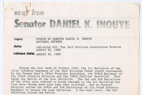 Press Release: Senator Daniel K. Inouye National Defense Speech (ddr-densho-1007-1850)