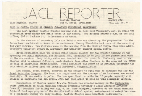 Seattle Chapter, JACL Reporter, Vol. XI, No. 8, August 1974 (ddr-sjacl-1-169)