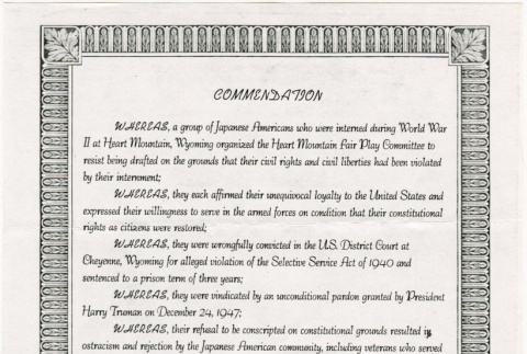 Commendation to Heart Mountain resisters and Fair Play Committee (ddr-densho-122-568)