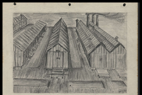 Pencil drawing of Poston barracks (ddr-csujad-55-1889)
