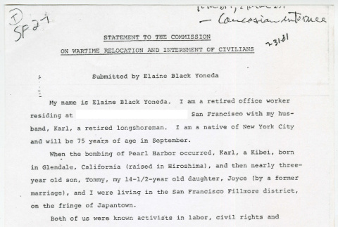 Statement to the Commission on Wartime Relocation and Internment of Civilians, written by Elaine Yoneda (ddr-densho-1007-892)