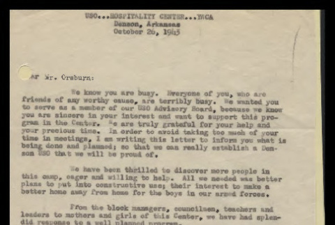 Letter from Mary Tsukamoto, USO Secretary, to Mr. Orsburn, October 26, 1943 (ddr-csujad-55-116)