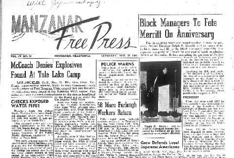 Manzanar Free Press Vol. IV No. 24 (November 27, 1943) (ddr-densho-125-188)