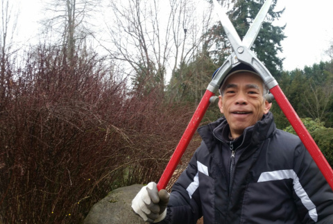 Tuesdays in the Garden, Aldo Chan clipping hedges (ddr-densho-354-2448)