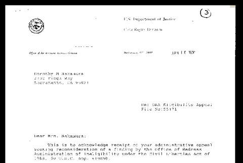 Letter from John R. Dunne, Assistant Attorney General, Civil Rights Division to Dorothy Nakamura, January 16, 1991 (ddr-csujad-55-2084)