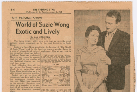 Clipping from The Evening Star in Washington D.C. with review of The World of Suzie Wong (ddr-densho-367-279)