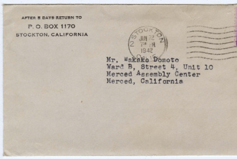 Letter to Wakako Domoto Stockton State Hospital (ddr-densho-356-10)