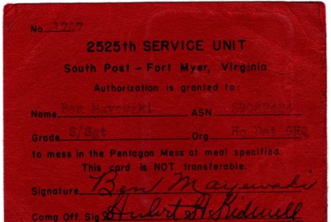 Pentagon Mess Hall pass for Ben Mayewaki (ddr-densho-563-26)