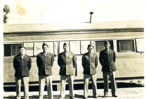 Five soldiers in front of barrakcs (ddr-densho-22-242)