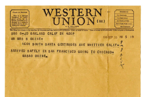 Western Union telegraph from Masao Okine to S. Okine. September 26, 1946 (ddr-csujad-5-162)