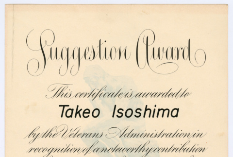 Suggestion Award to Takeo Isoshima (ddr-densho-477-396)