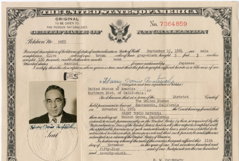 Harry Matsuoka's certificate of naturalization (ddr-densho-390-31)