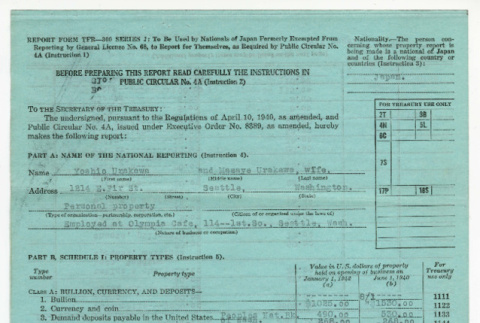 Report of Assets to Secretary of Treasury for Yoshio and Masaye Urakawa (ddr-densho-474-78)
