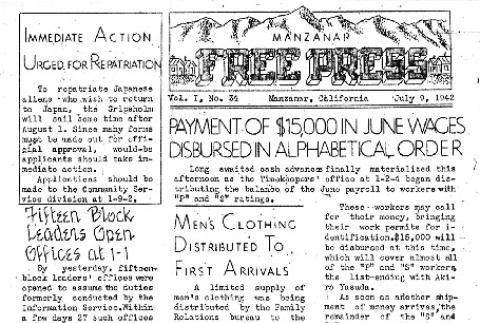 Manzanar Free Press Vol. I No. 34 (July 9, 1942) (ddr-densho-125-34)