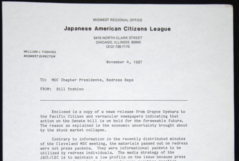 Memo to MDC Chapter Presidents and Redress Representatives from Bill Yoshino (ddr-chijacl-1-240)