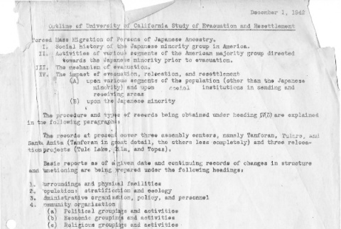 Outline of University of California study of evacuation and resettlement (ddr-csujad-26-2)