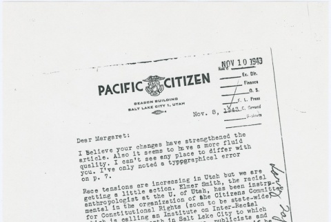 Letter from Larry Tajiri to Margaret Anderson, editor of Common Ground (ddr-densho-338-445)