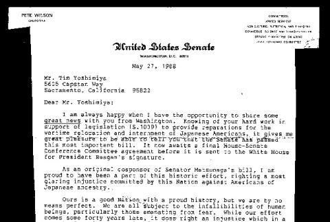 Letter from Pete Wilson, United States Senator, to Tim Yoshimiya, May 27, 1988 (ddr-csujad-55-203)