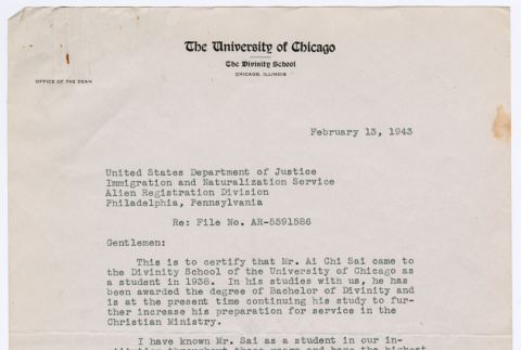 Letter from Ernest Cadman Colwell, Dean, University of Chicago Divinity School, to Alien Registration Division (ddr-densho-446-84)