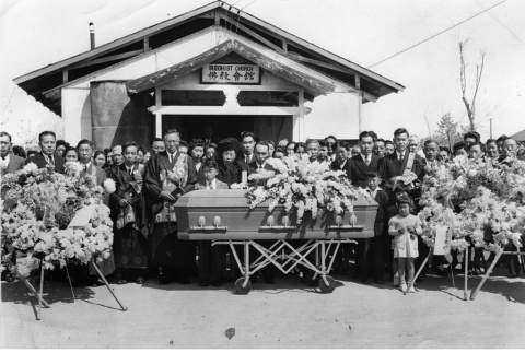Funeral photo outside Buddhist Church at Gila River Camp (ddr-ajah-6-163)