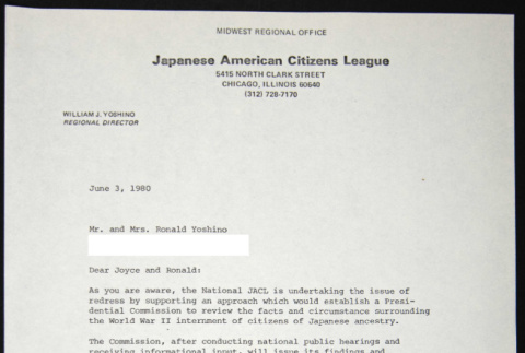 Letter to Ronald Yoshino from William Yoshino (ddr-chijacl-1-473)