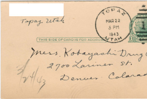 Letter sent to T.K. Pharmacy from Topaz concentration camp (ddr-densho-319-27)