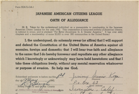 JACL Oath of Allegiance for Jimmy Sumio Koga (ddr-ajah-7-82)