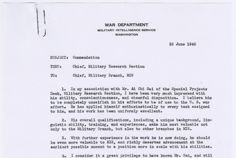 Letter from Major Robert S. Loney to Lt. Col. Merillat Moses Chief, Military Branch, Military Intelligence Service (ddr-densho-446-161)