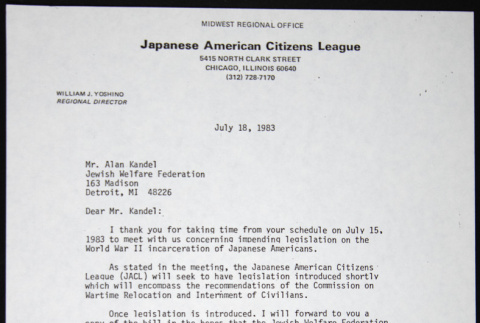 Letter to Alan Kandel of the Jewish Welfare Federation from William Yoshino (ddr-chijacl-1-759)