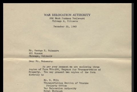 Letter from Elmer L. Shirrell, Relocation Supervisor, to George Hideo Nakamura, December 22, 1943 (ddr-csujad-55-2394)