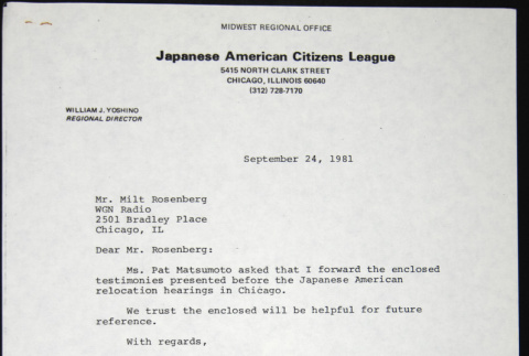 Letter to Milt Rosenberg of WGN Radio from Bill Yoshino (ddr-chijacl-1-557)
