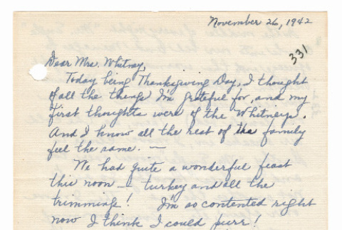 [ Letter to Mrs. Whitney from Louise Fukuda | November 26, 1942 ] (ddr-janm-22-81)