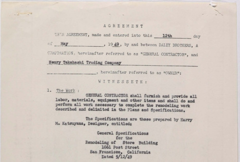 Agreement between Takahashi Trading Company and Dailey Brothers (ddr-densho-424-662)