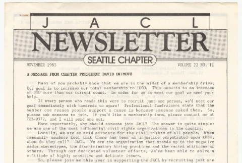 Seattle Chapter, JACL Reporter, Vol. 22, No. 11, November 1985 (ddr-sjacl-1-351)