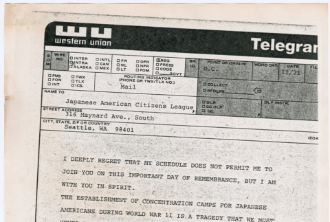 Telegram in support of Seattle's Day of Remembrance (ddr-densho-122-152)