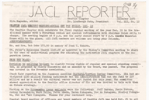 Seattle Chapter, JACL Reporter, Vol. XII, No. 12, December 1975 (ddr-sjacl-1-185)