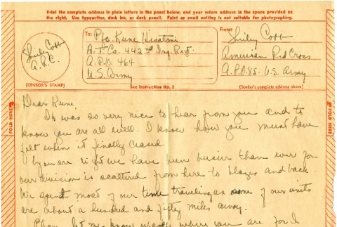 Letter from Shirley Cobb, [volunteer], American Red Cross, to Kune Hisatomi, Pfc., U.S. Army, [May 28, 1945?] (ddr-csujad-1-5)