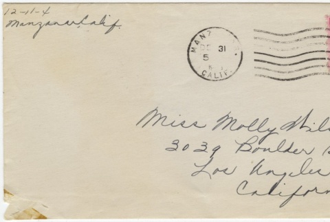 Letter (with envelope) to Molly Wilson from Chiyeko Akahoshi (December 27, 1943) (ddr-janm-1-110)
