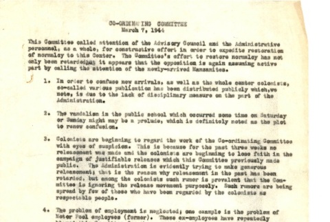 Tule Lake Co-ordinating committee notes (ddr-csujad-2-27)