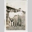 Three men in front of barracks (ddr-densho-298-2)