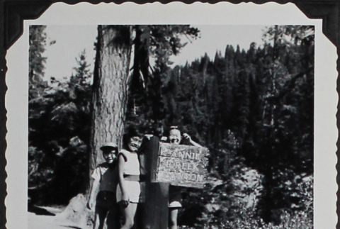 Three children at Annie Creek, Crater Lake (ddr-densho-300-582)