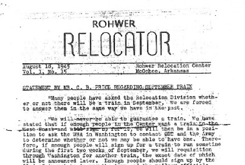 Rohwer Relocator Vol. I No. 15 (August 18, 1945) (ddr-densho-143-296)