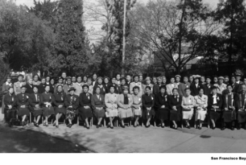 Panorama of large group outside building (ddr-ajah-3-245)